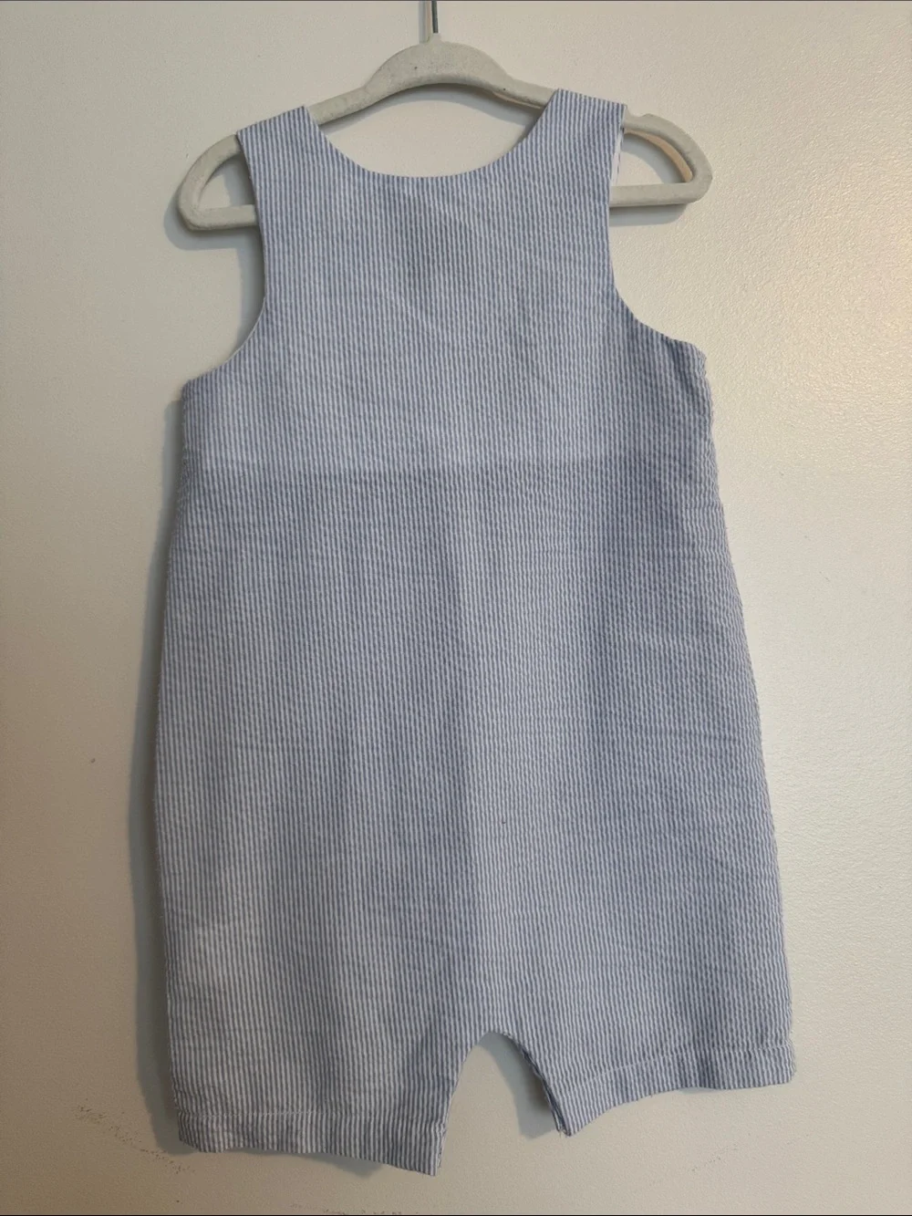 Mudpie Blue Smocked Striped Baby Romper with Bunny Embroidered Panel